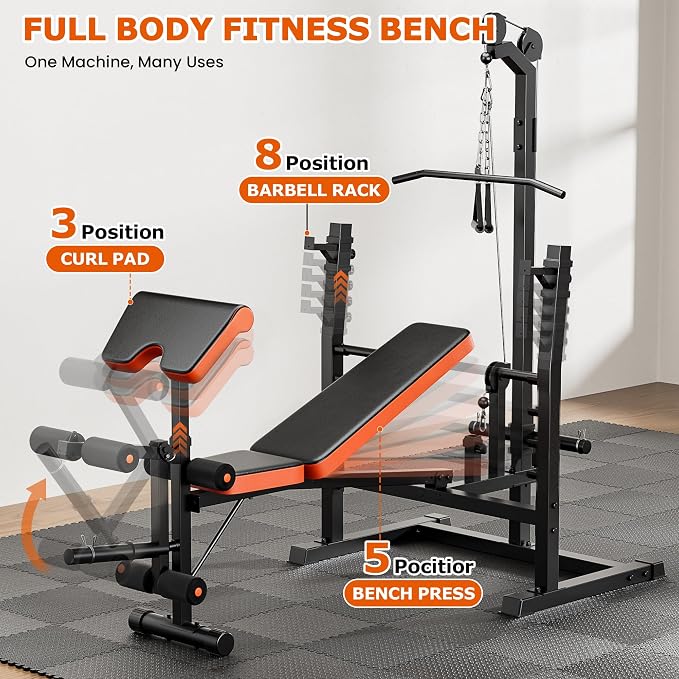 Fostoy Olympic Weight Bench with Lat Pulldown, Squat Rack & Leg Curl | Adjustable,Cable Row, Squat Rack, Leg Developer, Preacher Curl, Multi-Angle Backrest, Full Body Strength Training