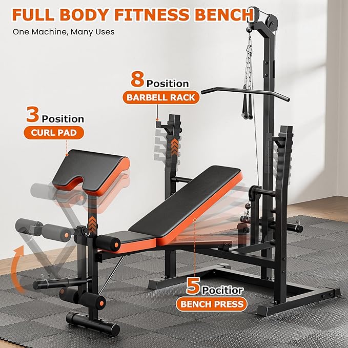 Fostoy Olympic Weight Bench with Lat Pulldown, Squat Rack & Leg Curl | Adjustable,Cable Row, Squat Rack, Leg Developer, Preacher Curl, Multi-Angle Backrest, Full Body Strength Training
