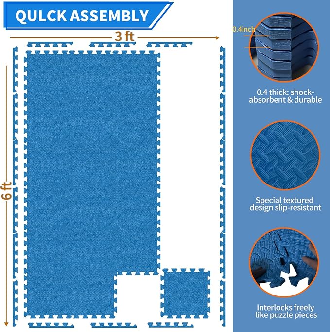 Gym Flooring for Home Gym, 18 PCS Anti-Slip Interlocking Foam Floor Tiles, 12.6"x12.6"x0.4" EVA Exercise Mats, Puzzle Floor Mat For Workout, Yoga, Kids Play Area, Treadmill, Garage