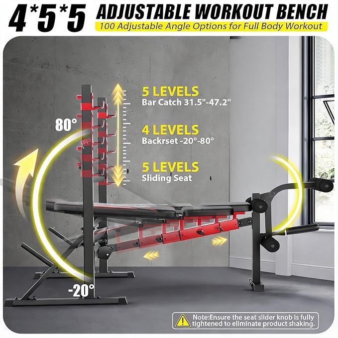OPPSDECOR Adjustable Olympic Weight Bench with Rack & Leg Curl Sliding Seat | Fits Up to 6'4" 900LBS Heavy Duty Foldable Bench Press Set for Home Gym Flat Incline Decline Workout Bench for Tall People