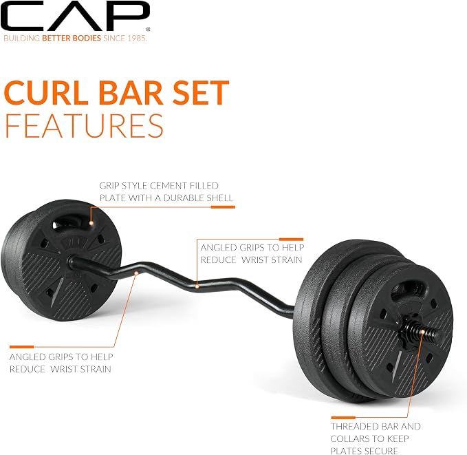 CAP Barbell Threaded Curl Bar Set with 50 LB Cement Grip Weight Plates | EZ Curl Bar with Threaded Collars for Strength Training & Home Gym Workouts