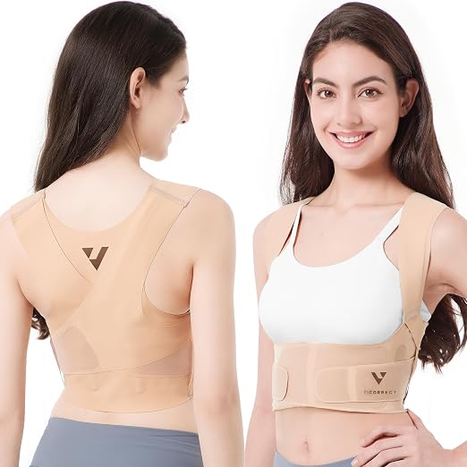 Vicorrect Adjustable Posture Corrector for Women: Invisible Under Clothes - Comfortable Back Support Bra for Upper Back Neck Shoulder Pain Relief - Ideal for Sitting Exercise Daily Wear (Beige, Large)