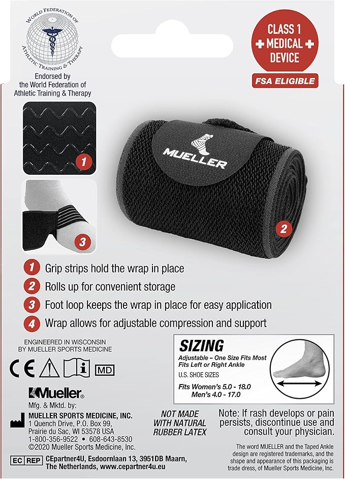 MUELLER Sports Medicine Easy Grip Adjustable Ankle Wrap, Ankle Pain Relief Support for Men and Women, Ideal for Sprains, Strains, Arthritis, Black, One Size