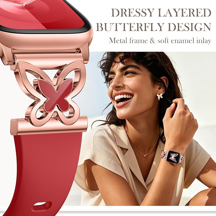 Lerobo Slim Silicone Band Compatible with Apple Watch Bands for Women | Dressy Metal Butterfly 16mm Thin Strap for iWatch Series 11 10 9 8 7 6 5 4 SE Ultra 38mm 40mm 41mm 42mm 44mm 45mm 46mm 49mm