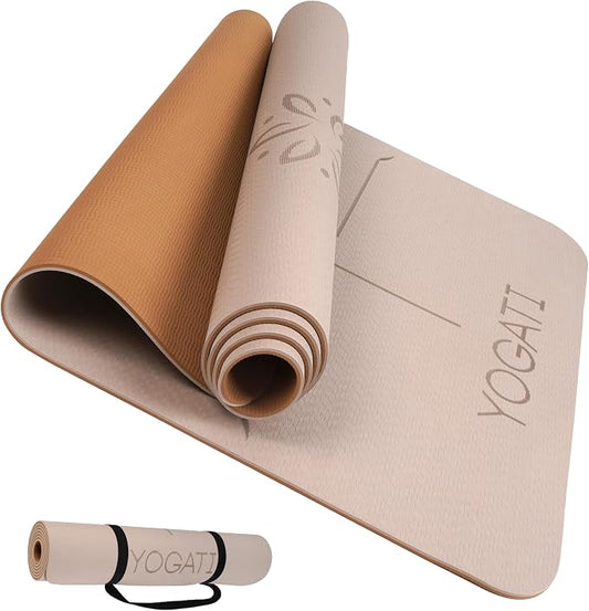 YOGATI® Yoga Mat with Strap with Alignment Lines. Home Workout Mat for Women, Men and Kids. Thick Non Slip Yoga Mat for Pilates and Fitness. Brown, Pink and Purple Yoga Mats
