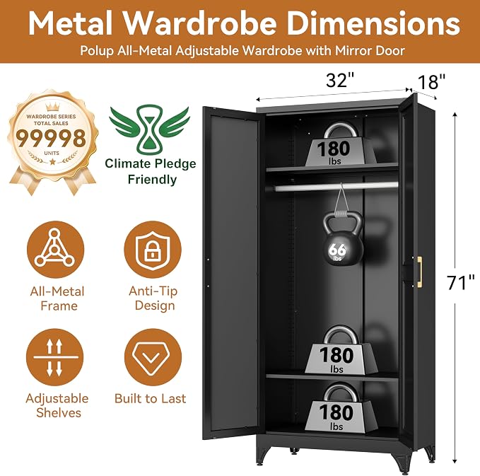Polup Metal Armoire Wardrobe Closet with Mirror, 71" Tall Black Cabinet | Heavy Duty Steel Clothing Storage Cabinet with Hanging Rod & Adjustable Shelves for Bedroom, Office, Clothes Organizer