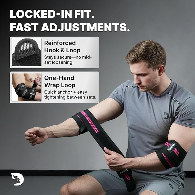 DMoose Fitness Elbow Wraps for Weightlifting (Pair) - 40'' Adjustable Strap for Gym Workout & Bench Press, Compression Elbow Sleeves for Tendonitis, Joint Support, Powerlifting & Deadlifts