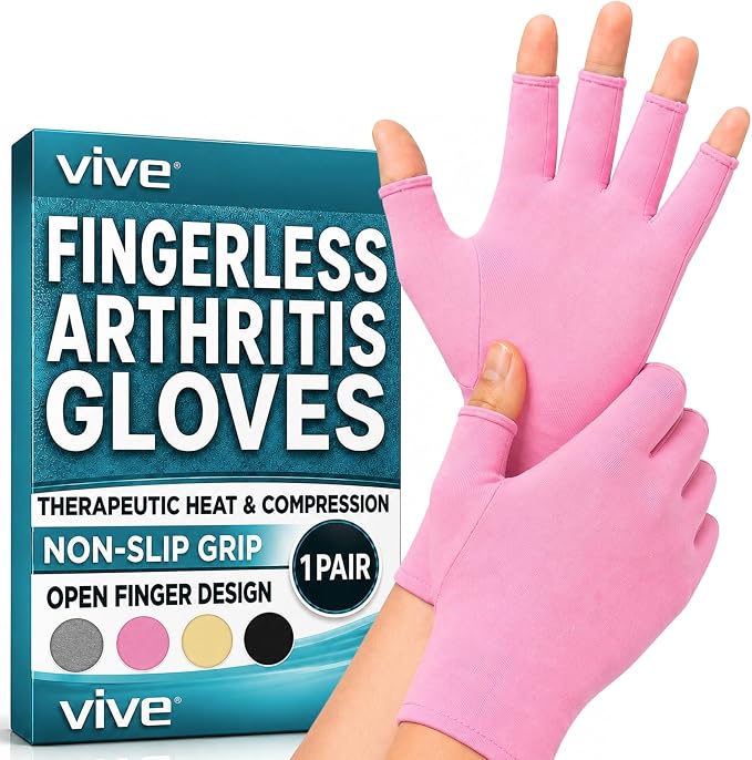 Vive Arthritis Gloves - Men, Women Rheumatoid Compression Hand Glove | Osteoarthritis- Arthritic Joint Pain Relief - Carpal Tunnel Wrist Support - Open Finger, Fingerless Thumb for Computer Typing