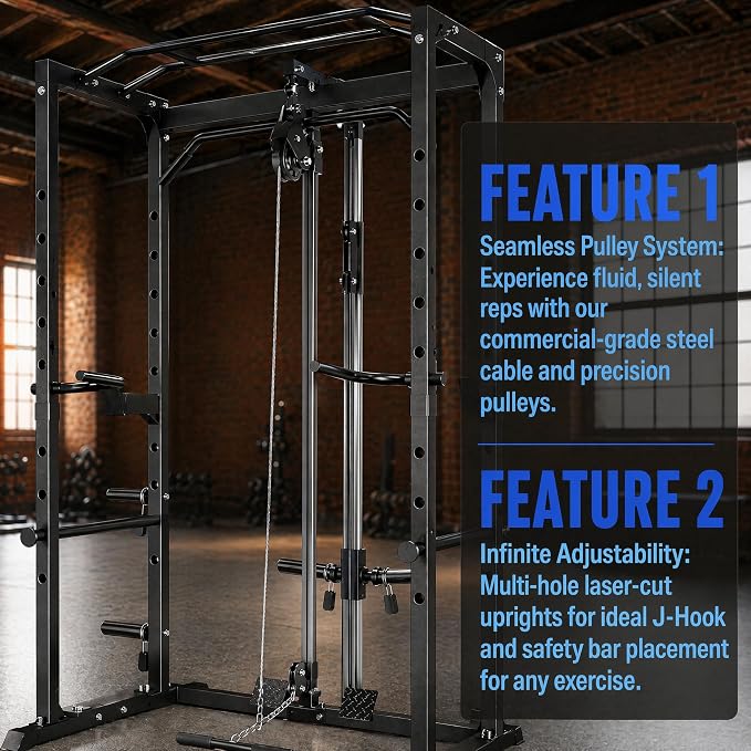 5-in-1 Power Rack Heavy Duty Home Gym | 5 Configs: Only, +Pulley, +Bench, +150LB, +240LB. 1200LB, 50x50mm, 83"H. J-Hooks, Safety Bars, Landmine. Olympic 2" Plates.