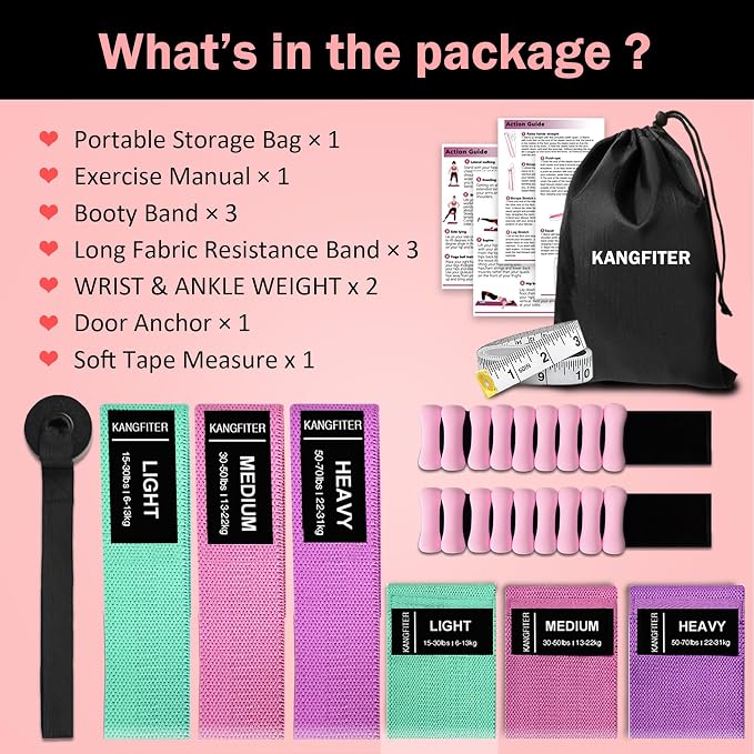KANGFITER Long and Short 6 Fabric Resistance Bands Set with Door Anchor | Non-Slip Stretch Booty Bands for Working Out Women & Men, Loop Exercise Elastic Bands for Home Physical Therapy Yoga Pilates