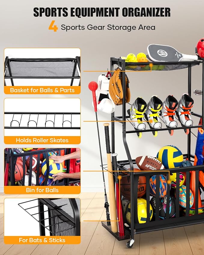 EXTCCT Garage Sports Equipment Organizer with Wheels - Golf Bag Storage Rack and Ball Storage Bins, Heavy Duty Rolling Garage Organizer System with Basket and Hooks for Indoor (Black-Large)