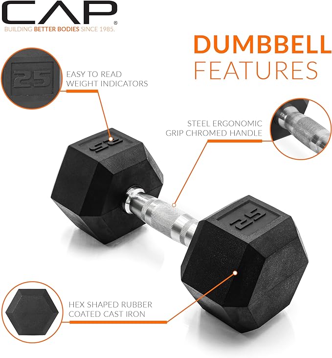CAP Rubber Coated Dumbbell Weights, Free Weights for Home Gym Strength Training, Anti-Roll Hex Dumbbells with Black, Chrome & Comfort Grip Handles, Pairs & Sets
