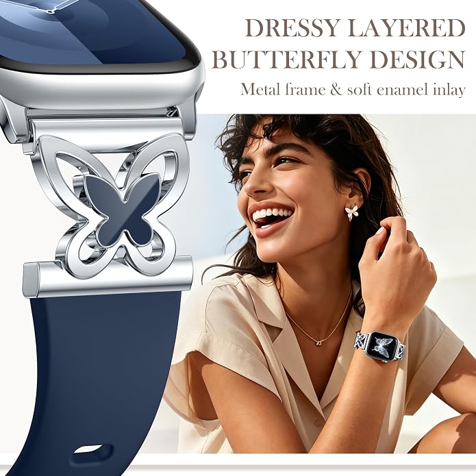 Lerobo Slim Silicone Band Compatible with Apple Watch Bands for Women | Dressy Metal Butterfly 16mm Thin Strap for iWatch Series 11 10 9 8 7 6 5 4 SE Ultra 38mm 40mm 41mm 42mm 44mm 45mm 46mm 49mm
