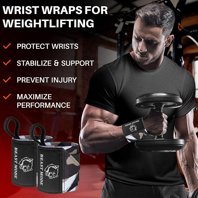 TECEUM Elastic Cotton Weightlifting Wrist Wraps with Thumb Loops, 1 Pair