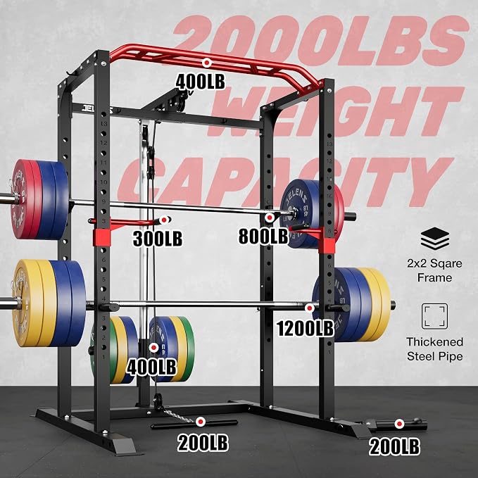 JELENS S11 Power Cage, 2000LB Multi-Function Power Rack with LAT Pulldown, Squat Rack with Adjustable Pulley System and Training Attachments, Weight Rack for Home Gym