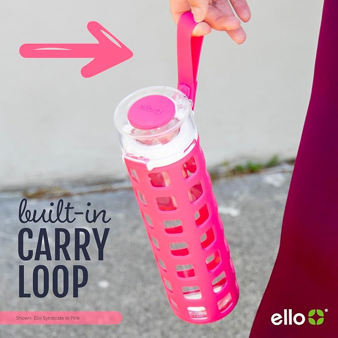 Ello Syndicate 20oz Glass Water Bottle with Flip Lid and Sleeve, Celeste | Glass water bottle for iced drinks with leakproof flip lid, silicone sleeve, carry loop, BPA-free, and dishwasher safe