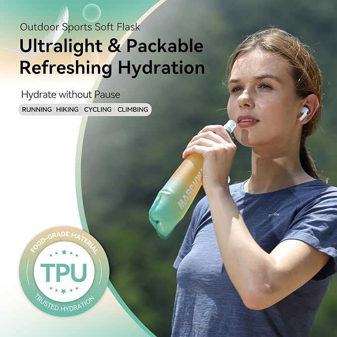 MARCHWAY Soft Hydration Flask with Wide Mouth, 300ml/500ml Collapsible TPU Water Bottle, Leakproof Portable Flexible for Running, Hiking, Cycling, Climbing, Gym, Travel (2pcs Orange-Green 300ml)