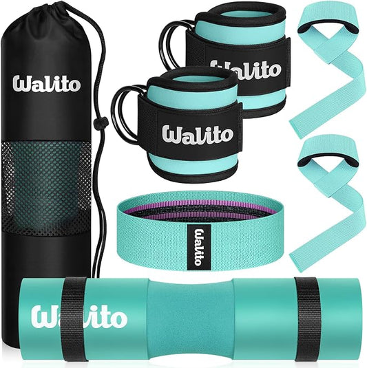 WALITO 8Pcs Barbell Pad Set for Hip Thrust - Squat Pad,Gym Accessories for Women with Bar Bad,Bench Press, with Gym Ankle Straps,Resistance Bands for Working Out,Lifting Strap,Carry Bag