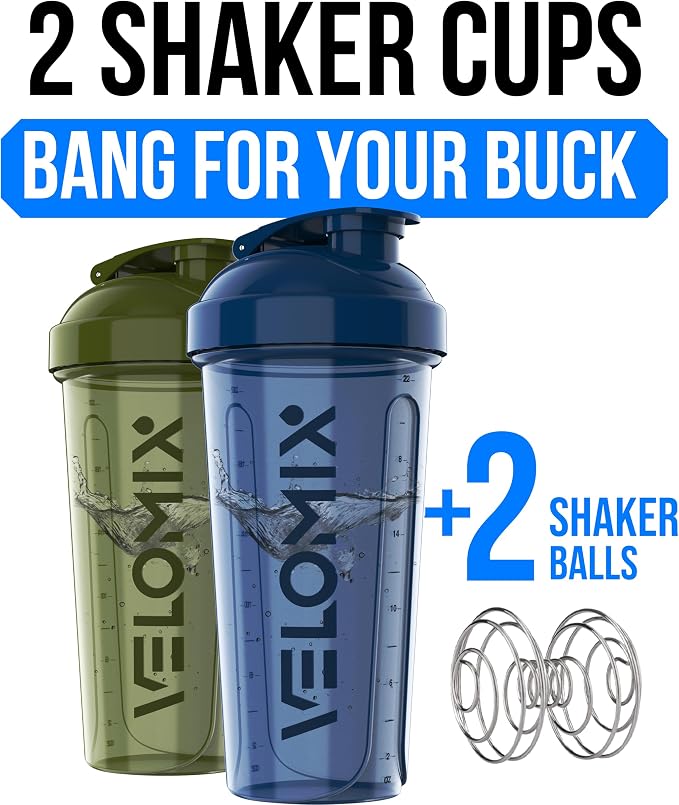 VELOMIX 2 Pack 28oz Protein Shaker Bottle for Protein Mixes, Blue/Green | 2x Wire Whisk, Leak Proof Shaker Cups for Protein Shakes, Stackable, Dishwasher safe, BPA free, Pre Workout and Gym ready