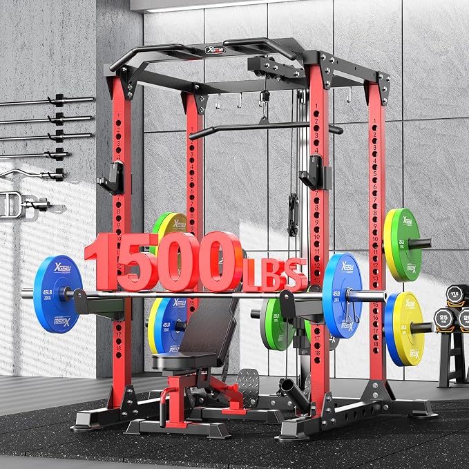 Power Cage Multi-Function Power Rack with Cable Crossover System,1500 LBS Capacity Squat Rack with Weight Bench,for Home Gym