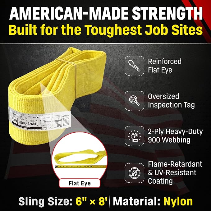 DD Sling 6 Inch x 8 Foot Nylon Lifting Sling – USA Made, 16,300 lb Vertical, 13,000 lb Choker, 32,600 lb Basket – 2-Ply Heavy Duty 900 Webbing, Type 3 Flat Eye & Eye Rigging Sling