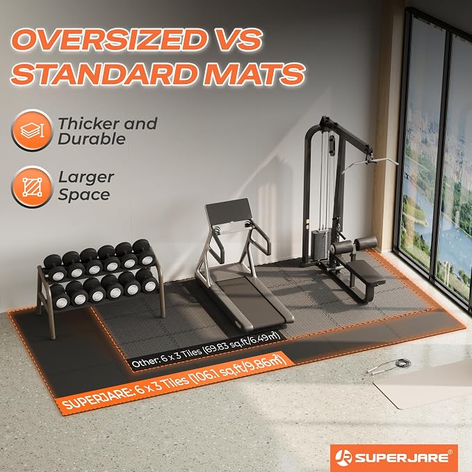 SUPERJARE 30" x 30" Larger Rubber Top Exercise Equipment Mats, 0.56" Thick 18PCS 112.5 Sq Ft High-Density EVA Foam Interlocking Gym Flooring, Big Workout Mat for Home Gym, Floor Protection, Black