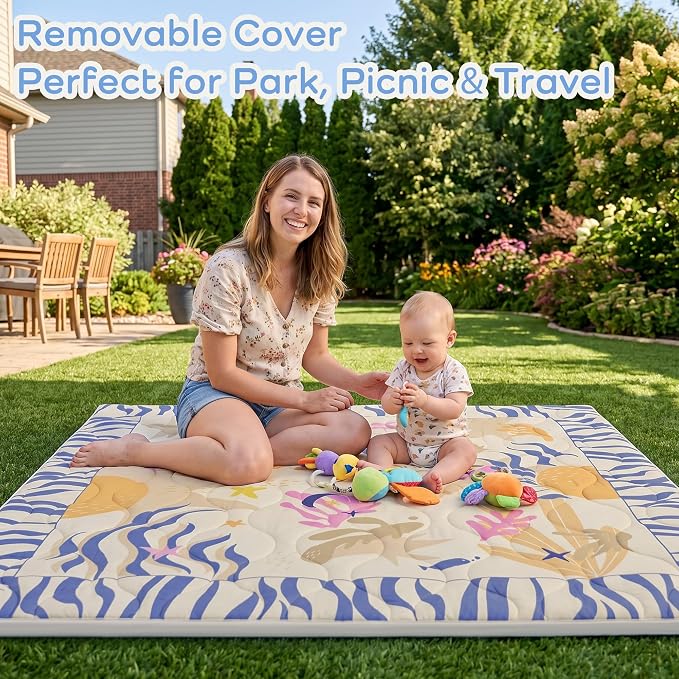 1.6" Thick Baby Play Mat, 71x59 Removable & Machine Washable Cover | Padded Memory Foam, Non-Slip Backing, 100% Baby-Safe Materials, Tummy Time Crawling, Outdoor, Bedroom, Living Room, Nursery
