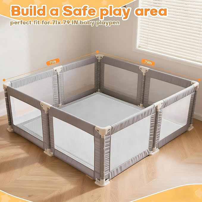 Baby Play Mat for Floor, 79'' x 71'' Thicken Foam Soft Padded Playmat for Tummy Time, Playpen Mat for Toddlers Infant Kids, Water-Repellent Coral Velvet, Non-Slip Bottom Safe for Crawling, Light Grey