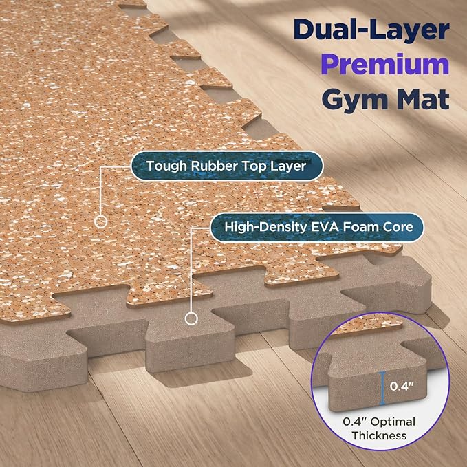 48 Sq Ft Rubber Top Gym Flooring for Home Gym, Wood Grain | 12 Tiles, High Density EVA Foam, Waterproof & Non-Slip Rubber, 0.4" Interlocking Puzzle Mats, Floor Protection, 24"x24"