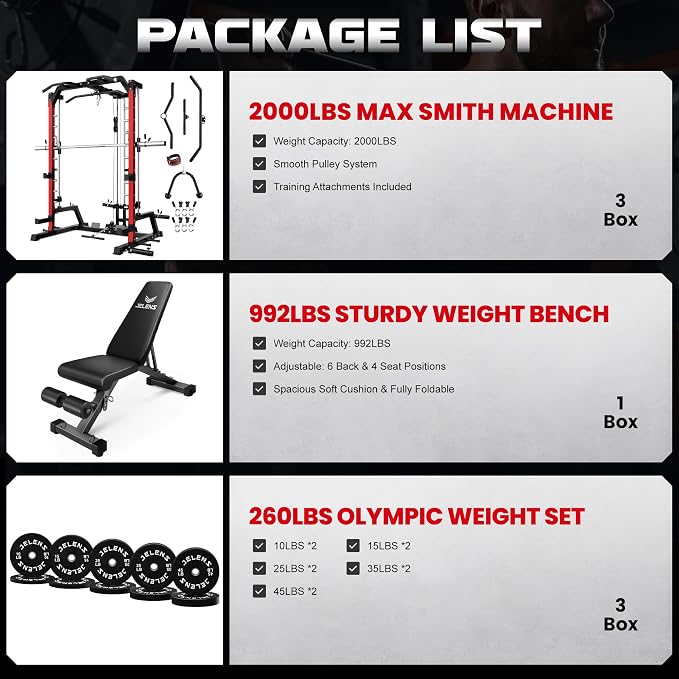 SR01 Smith Machine, 2000LBS Multi-Function Power Cage with LAT Pulldown System, All-in-One Home Gym Squat Rack with Smith Bar and Training Attachments for Full Body Workouts