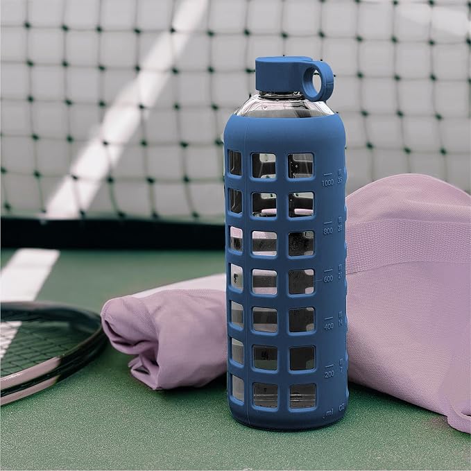 purifyou 40oz / 32oz / 22oz / 12oz Borosilicate Glass Water Bottle with Time & Volume Markers, Silicone Sleeve, Stainless Steel Lid | Reusable Glass Bottle for Water & Juice (40oz Chinese Porcelain)