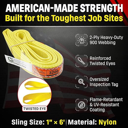 DD Sling 1 Inch x 6 Foot Nylon Lifting Sling – USA Made, 3,200 lb Vertical, 2,600 lb Choker, 6,400 lb Basket – 2-Ply Heavy Duty 900 Webbing, Type 4 Twisted Eye & Eye Rigging Sling, Safety Orange