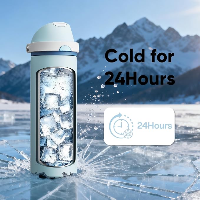 Insulated Water Bottle with Straw - Encool Stainless Steel Water Bottle with Push Button Lid, Leak-Proof & BPA-Free, Keeps Cold for 24 Hours for Sports, Travel, Gym (24 oz, Jungle Mist)
