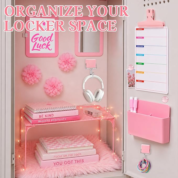 17 PCS Locker Accessories for Girls Locker Decoration Kit with Locker Shelf Magnetic Mirror Whiteboard Pen Holder Rug Wallpaper Lights Locker Organizer Set for School Dorm Gym Office (Pink)