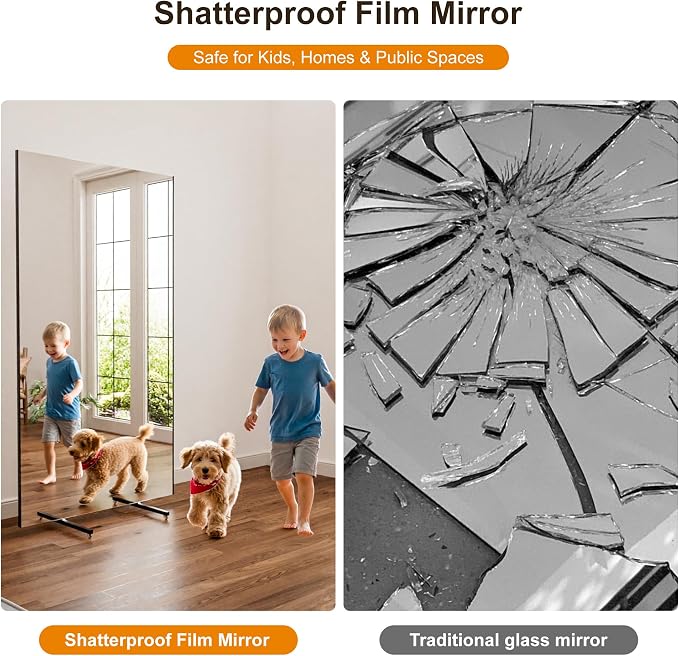 brisafe NanoMirror Non-Glass 118" x 71" Extra Large Mobile Dance Mirror with Wheels, Shatterproof Nano Film Rolling Gym Mirror for Studio, Yoga, Pilates, School & Home Gym, Black
