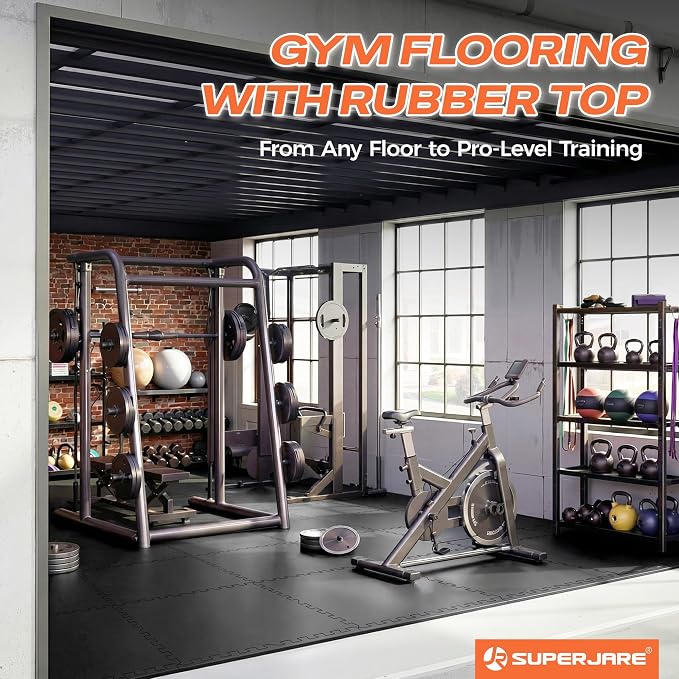 SUPERJARE 30" x 30" Larger Rubber Top Exercise Equipment Mats, 0.56" Thick 18PCS 112.5 Sq Ft High-Density EVA Foam Interlocking Gym Flooring, Big Workout Mat for Home Gym, Floor Protection, Black