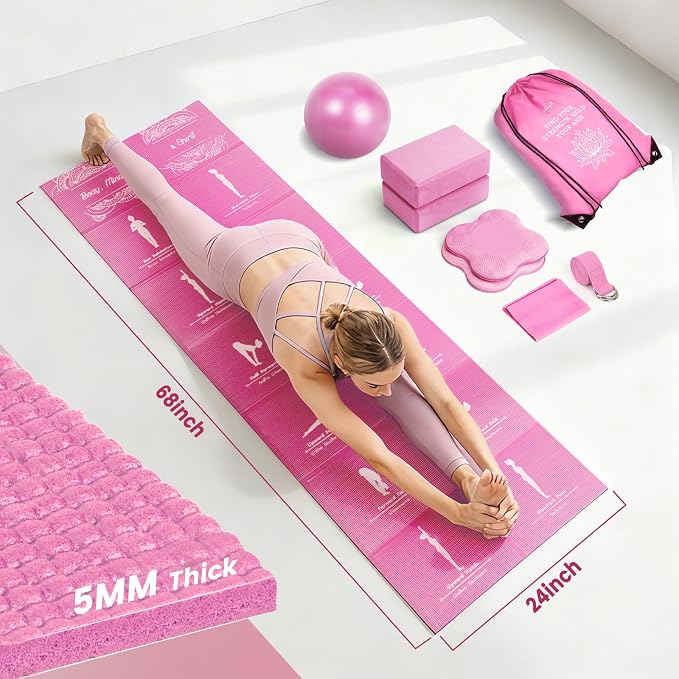 Foldable Yoga Mat and Blocks Set for Women with 2 Pack Yoga Blocks and Strap,Thin Non Slip Pilates Mat with Bag, Home Workout Equipment Essentials Starter Kit for Beginners Full Body Toning