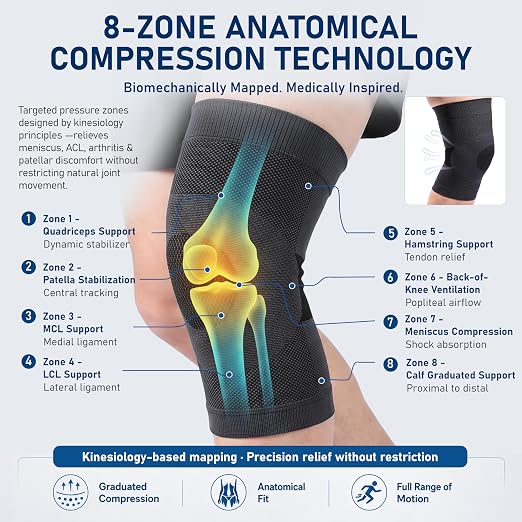 NURCOM Knee Brace, 8-Zone Compression Sleeve, Black L | For Meniscus Tear, Arthritis, Acl, Mcl, Tendonitis & Joint Pain Relief, Running, Workouts, Recovery, Pair Pack, Men & Women