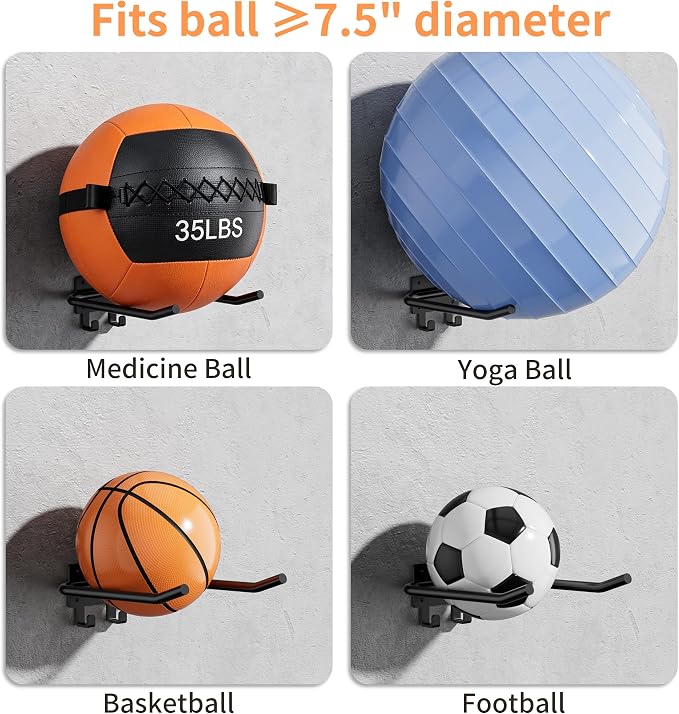 2 Packs Medicine Ball Rack Wall Mount Exercise Ball Holder with Hook | Med Ball Holder, Heavy Duty, Holds Up to 44 lbs, Fits Balls 7.5" + Diameter, Space Saving, Home Gym/Garage Gym Organizer
