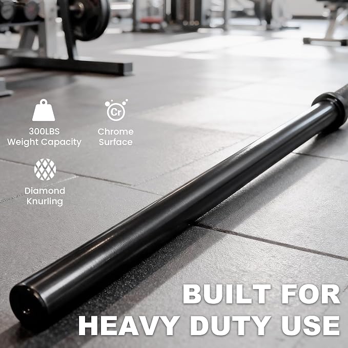 Available in 5FT and 7FT, Straight Barbell Bar, 1-Inch Standard Diameter, Alloy Steel, Black Finish, 300LBS Weight Capacity, Chrome Surface, Diamond Knurling, Anti-Skid Grip,