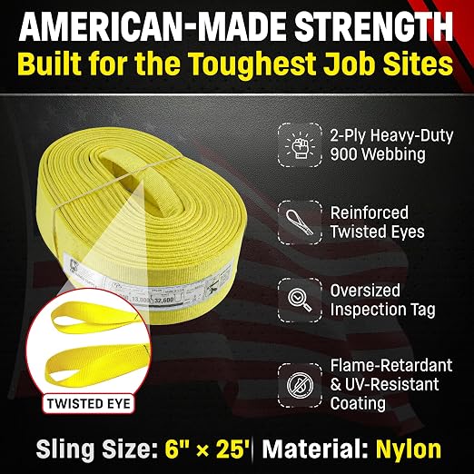 DD Sling 6 Inch x 25 Foot Nylon Lifting Sling – USA Made, 16,300 lb Vertical, 13,000 lb Choker, 32,600 lb Basket – 2-Ply Heavy Duty 900 Webbing, Type 4 Twisted Eye & Eye Rigging Sling