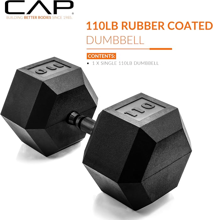 CAP Rubber Coated Dumbbell Weights, Free Weights for Home Gym Strength Training, Anti-Roll Hex Dumbbells with Black, Chrome & Comfort Grip Handles, Singles