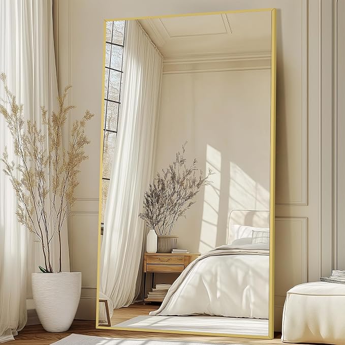 MirrMuse 82"X44" Full Length Mirror with Stand, Oversized Floor Mirror | Tempered Glass, Extra Large, Free Standing, for Gym Bedroom Living Room Clothing Store, Aluminum Alloy Frame, Gold