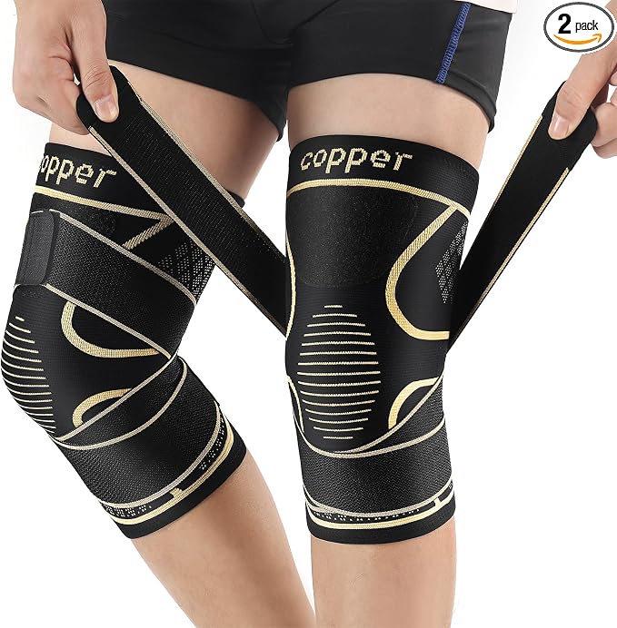 Copper Knee Braces with Strap for Knee Pain Women and Men(2 Pack), Knee Compression Sleeve for Arthritis, ACL, Meniscus Tear, Joint Pain Relief, Knee Support for Working, Running, Weightlifting(S)