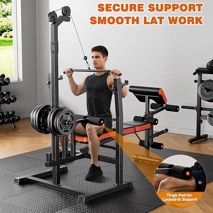 XDDIAS 9-in-1 Olympic Weight Bench Set with Lat Pulldown, Rowing, Squat Rack, Leg Extension/Curl, Preacher Pad, 900LB Adjustable Bench Press for Home Gym Weight Lifting Full-Body Workout