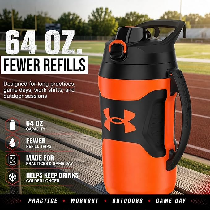 Under Armour Insulated Water Bottle with Handle & Fence Hook, Half Gallon Sports Water Jug, Leak-Resistant & BPA-Free for Baseball, Football & Gym - Blaze Orange/Black, 64oz