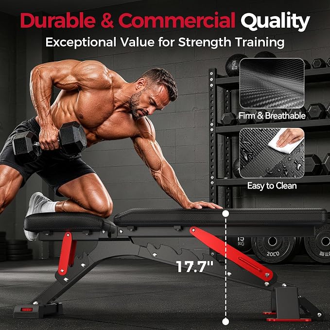 FLYBIRD WB7 Weight Bench, 1300LBS Commercial Adjustable Weight Bench, Workout Bench for Home Gym, Flat Incline Bench Press Heavy Duty Bench with 34'' Extra-Long Backrest and Easy-Roll Wheels