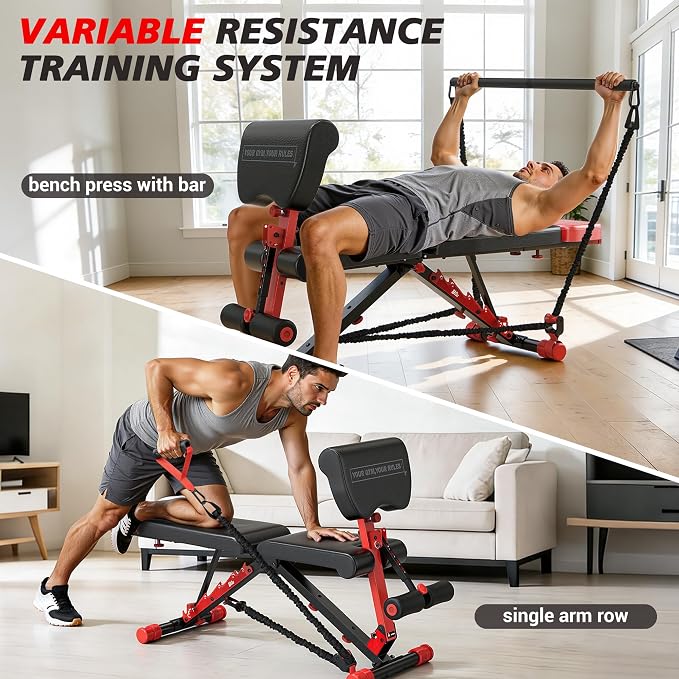 XDDIAS Workout Bench, Foldable Weight Bench with Variable Resistance Training Set, 880LBS Adjustable Bench with Leg Extension, Preacher Curl, Extended Headrest, Incline Decline Flat Bench for Strength Training