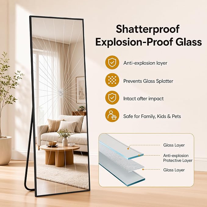 Antok Full Length Mirror, 58"x19" Floor Mirror with Stand, Hanging Mounted Mirrors for Bedroom, Living Room, Cloakroom, Dining Room, Black, Rect