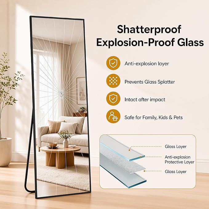 Antok Full Length Mirror, 76"x34" Floor Mirror with Stand, Hanging Mounted Mirrors for Bedroom, Living Room, Cloakroom, Dining Room, Black, Rect